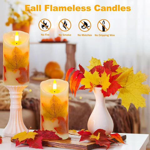 Flameless Pillar Candle Light Set of 2, 6x3 Inch Flickering Real Wax LED Candles with Remote and Timer, Battery Operated, Maple Leaf Design