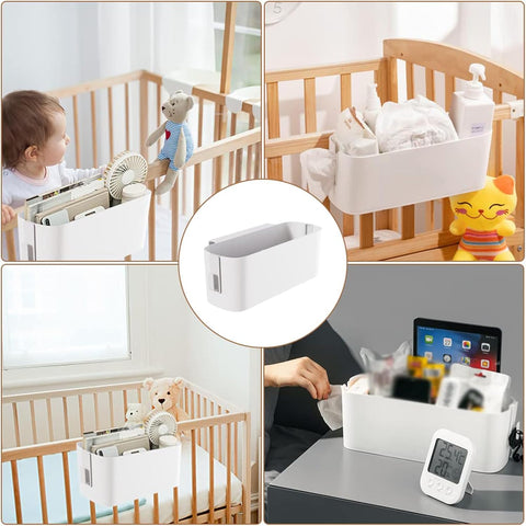 2 Pack Bedside Hanging Storage Organiser Baskets with 2 Detachable Hooks Each, White Plastic Bed Shelf for Phones, Books & Accessories