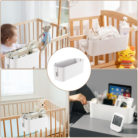 2 Pack Bedside Hanging Storage Organiser Baskets with 2 Detachable Hooks Each, White Plastic Bed Shelf for Phones, Books & Accessories