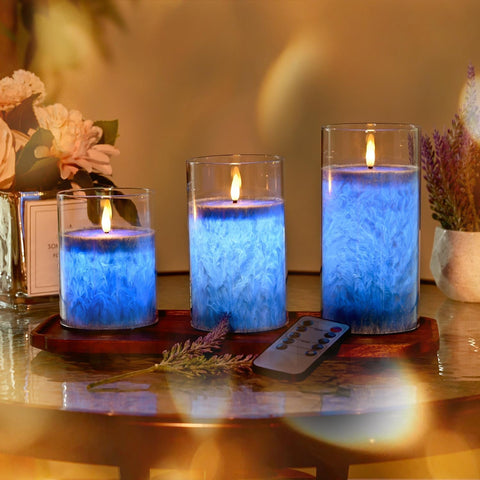Blue Glass Flameless LED Pillar Candles with Real Wax Center, Flickering Light, Remote Control & Timer