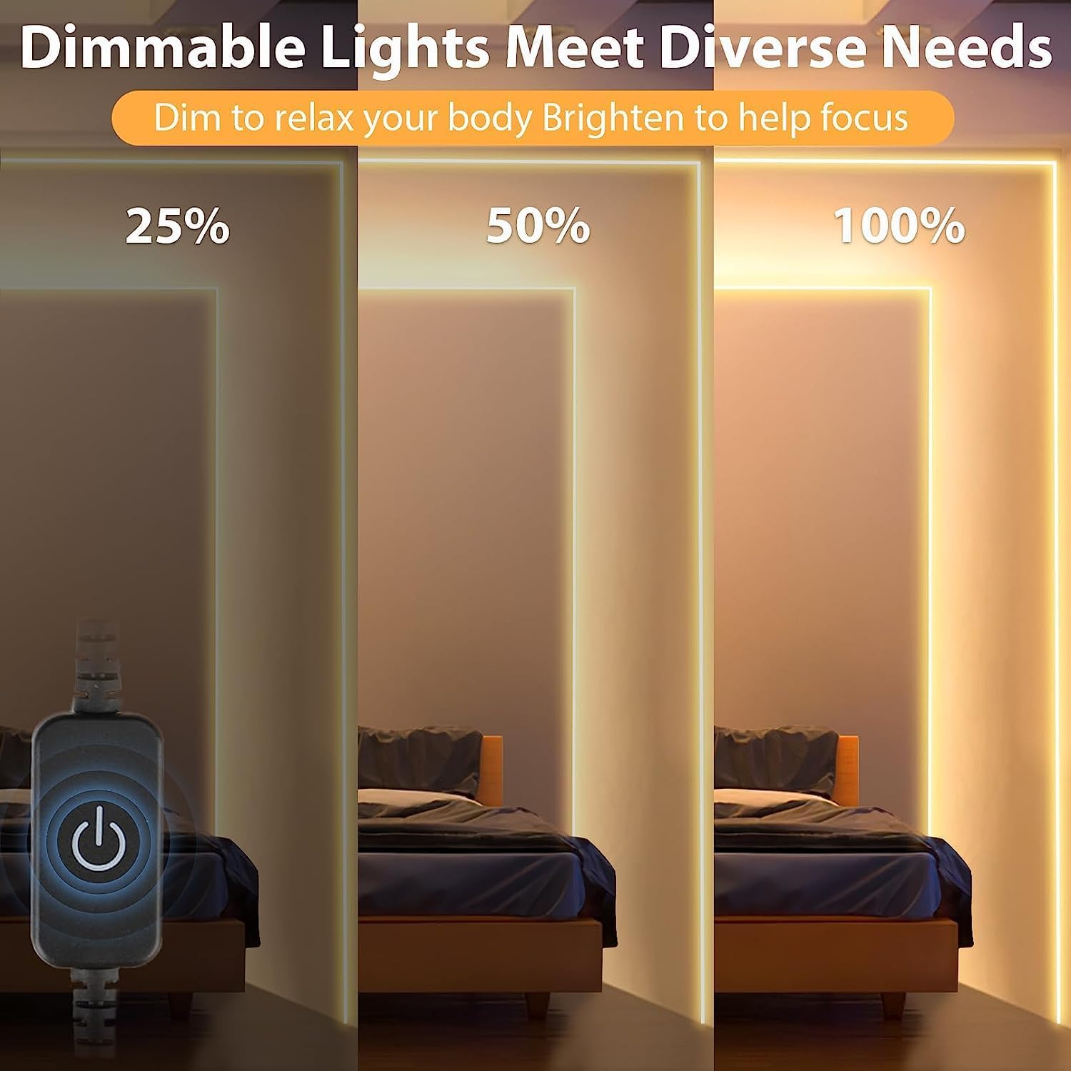 Bedroom with dimmable lights showing 25%, 50%, and 100% brightness levels.