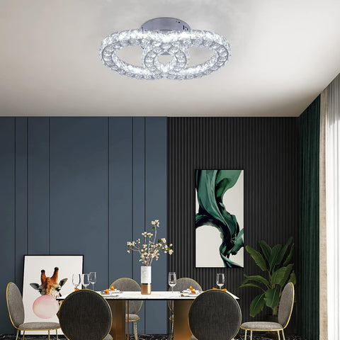 Crystal Chandelier Light Fixture LED Ceiling Lamp 2-Rings Flush Mount