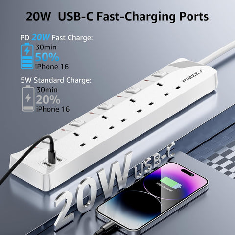 Extension Lead with PD20W USB C, 4 Way Multi Plug Extension Sockets with 3 USB Ports, 3M Power Strip with 5 Individual Switches, 13A Fused Plug UK, USB C Charger Extension Lead for Home Office