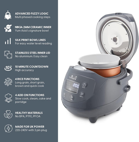 Yum Asia Panda Mini Rice Cooker – 0.63L Ninja Ceramic Bowl, Fuzzy Logic, 8 Cooking Functions, LED Display, 220-240V