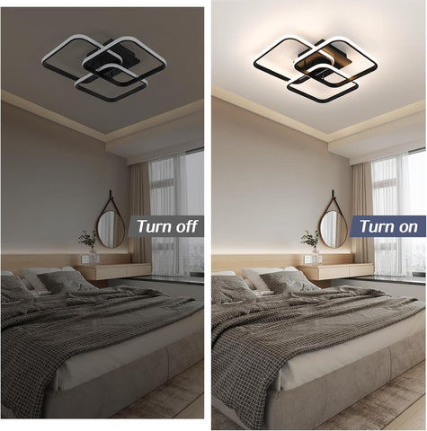 Comparison of a ceiling light fixture in a bedroom when turned on and off.