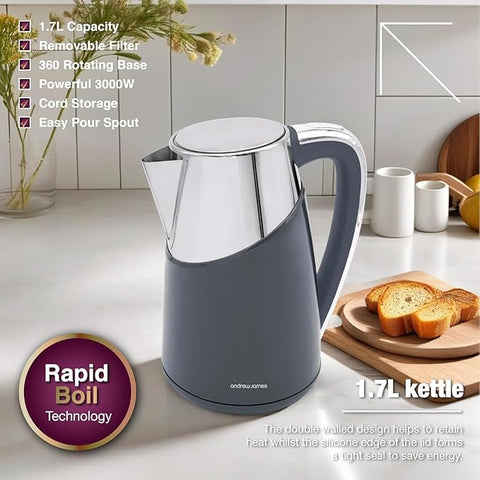 1.7L Fast Boil Electric Kettle – 3000W Energy Efficient Quiet Cordless Kettle with 360° Swivel Base – Grey