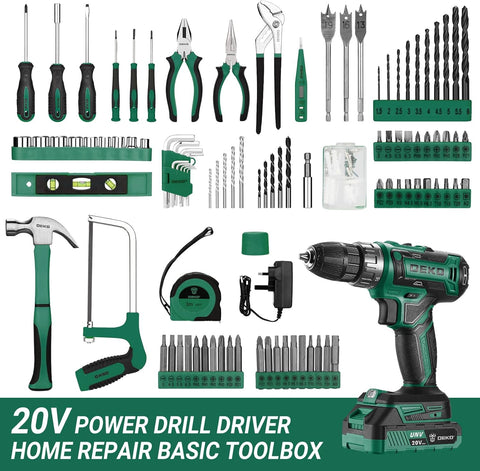 DEKO 20V Power Drill Tool Box with Battery Electric Drill Driver for Men Home Hand Repair Basic Toolbox Tools Set, 186 Pieces (Green)