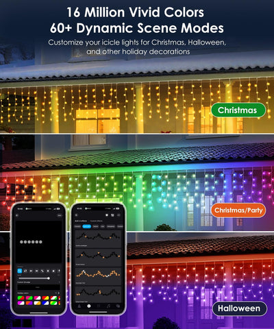 Quntis Smart Christmas Icicle Lights 5m – App & Remote Controlled Multicolour LED Outdoor Fairy Lights with Music Sync, 60+ Modes & IP44 Waterproof Design - Turn Your Home Into a Festive Light Show