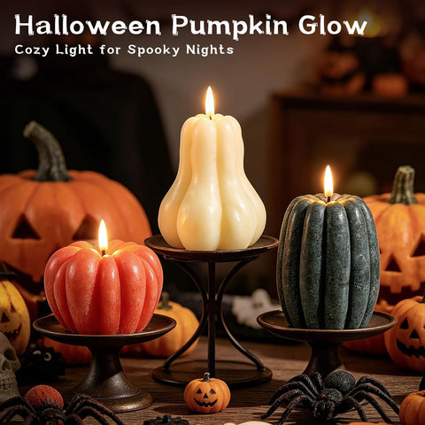 3 Pcs Fall Pumpkin Flameless Candle, LED Battery Operated Pumpkin Candle Light with Remote, Real Wax 3D Flickering Candles, Autumn Thanksgiving Halloween Farmhouse Home Decoration Gift