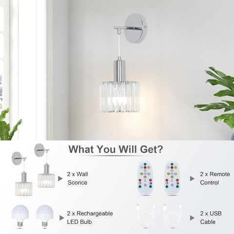 Battery Operated Crystal Wall Lights Set of 2 with USB Bulbs