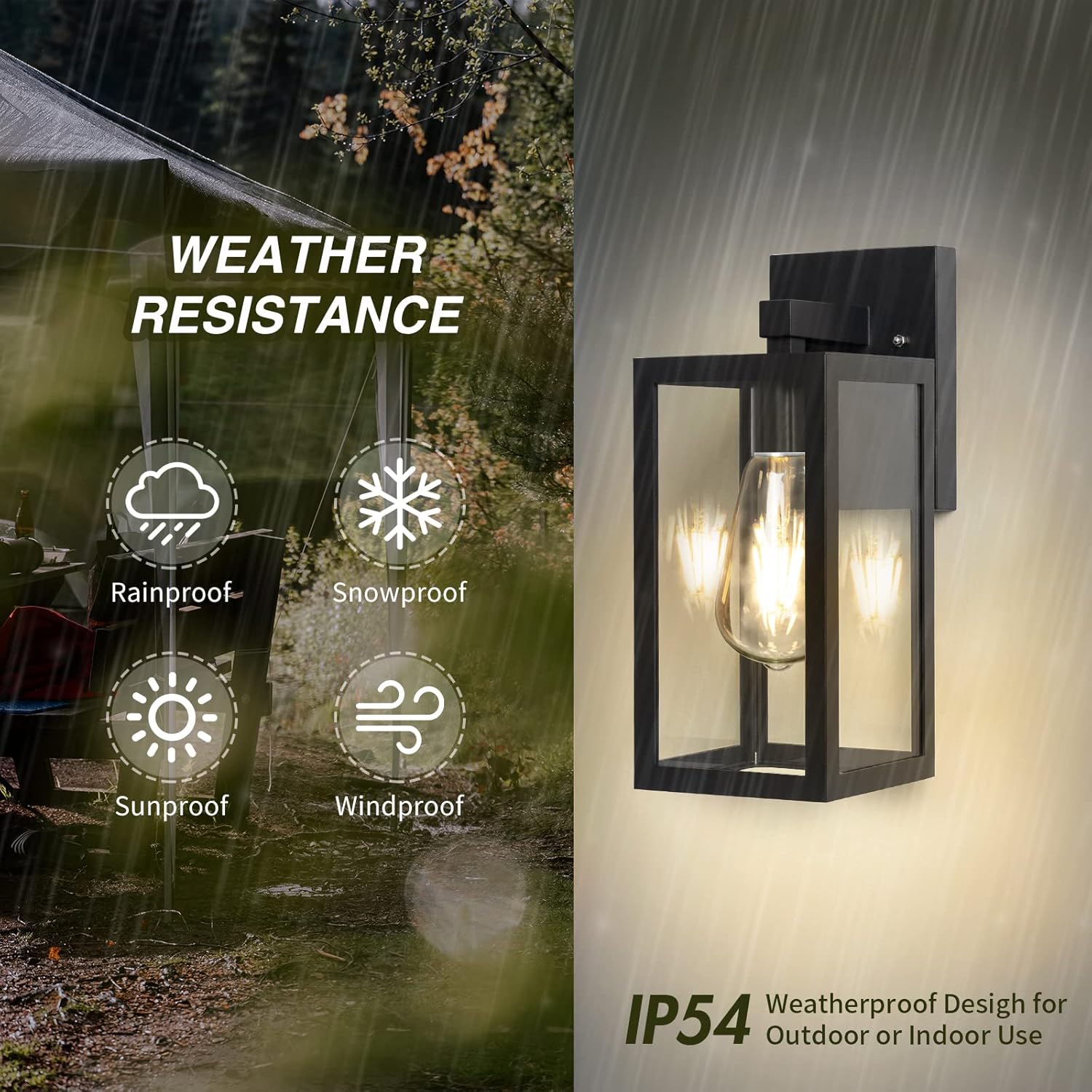 Outdoor wall light fixture with weather resistance features and IP54 rating.