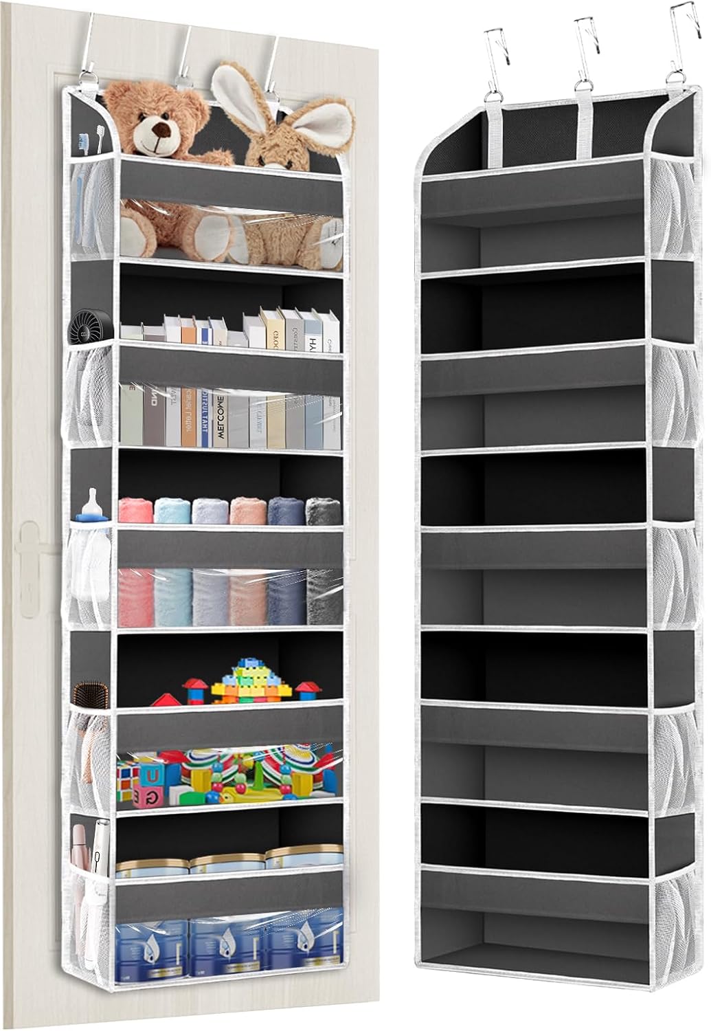 TAHAVICE Over The Door Storage Organiser, 5 Clear Window Pockets and 10 Mesh Side Pockets, Grey – Turn Unused Door Space into Smart Storage