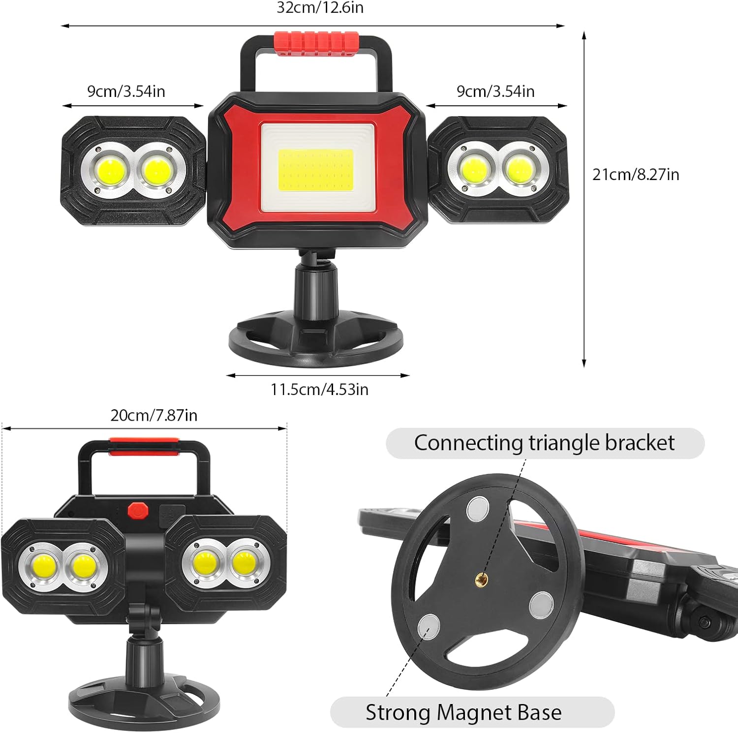 Work light with dimensions and features highlighted on a white background