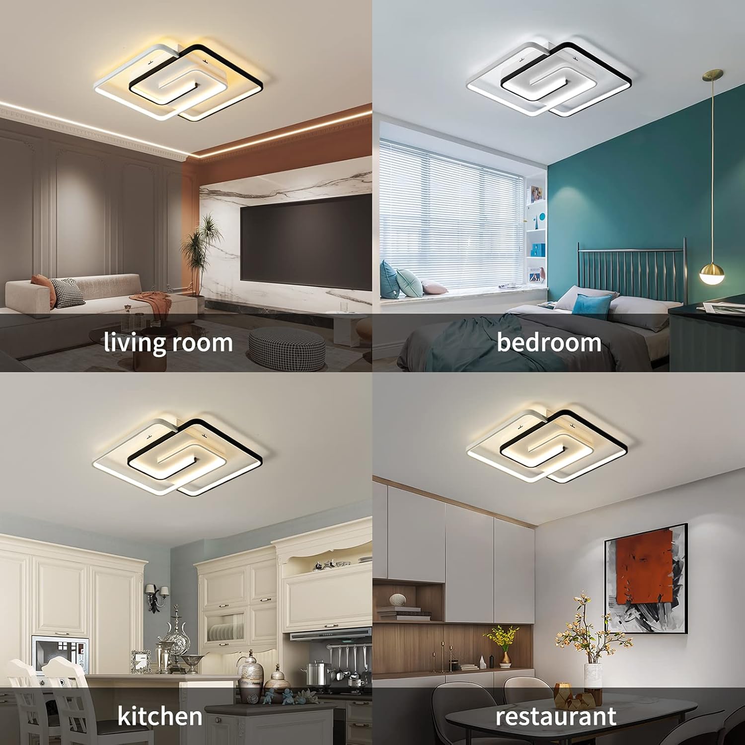 Ceiling light fixture in various rooms including living room, bedroom, kitchen, and restaurant.