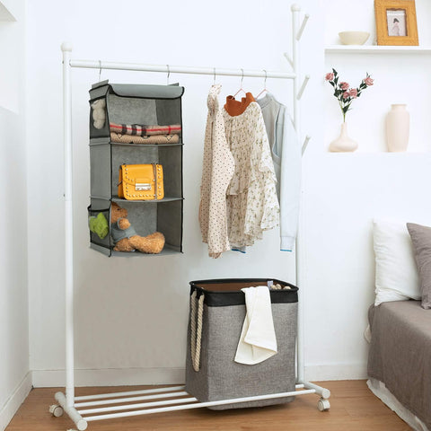 BrilliantJo Hanging Storage with 3 Shelves Wardrobe Closet Organiser, Storage Shelves Unit with 4 Pockets for Clothes Bag Shoes - Grey(30 x 30 x 60cm)