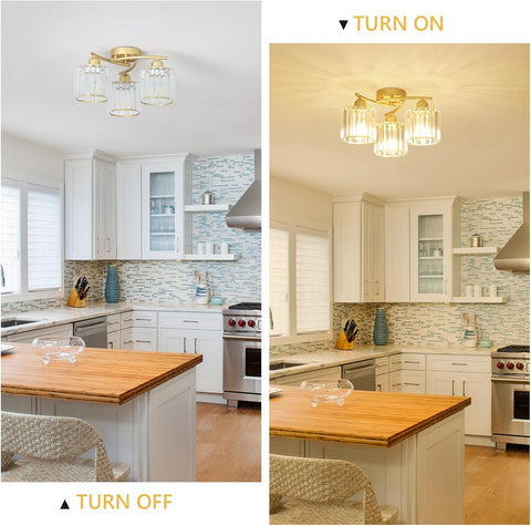 Gold Ceiling Lights for Living Room, 3-Light Modern Crystal Chandelier Ceiling Lamp with Glass Lampshade