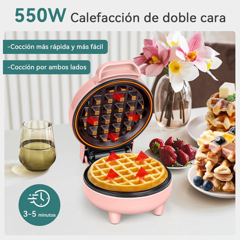 Snailar Mini Waffle Maker – 550W Compact Waffle Iron, Nonstick Coating, Ready Indicator Light, Cool Touch Handle, Easy Clean, Pink