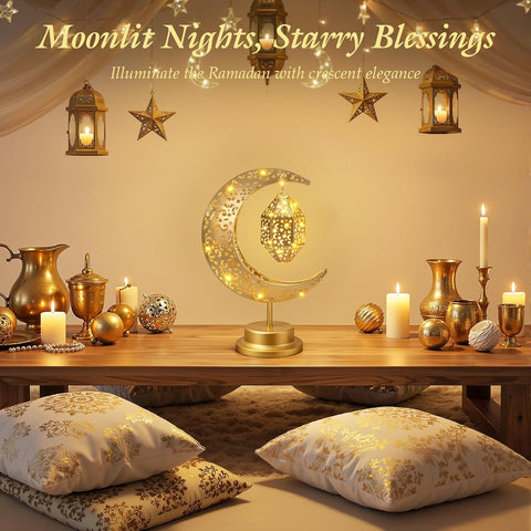 Ramadan Crescent Moon Lamp – Battery Powered Moon & Star Table Light for Eid Home Decor, Bedroom & Living Room