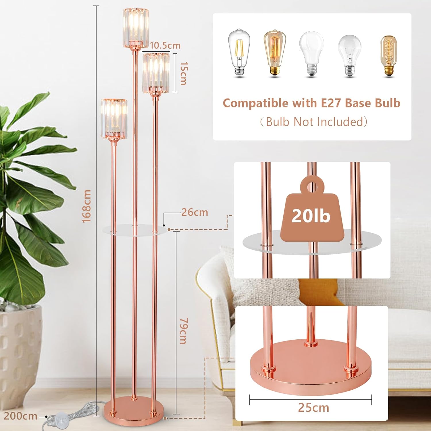 Rose gold floor lamp with measurements and bulb compatibility information on a white background.