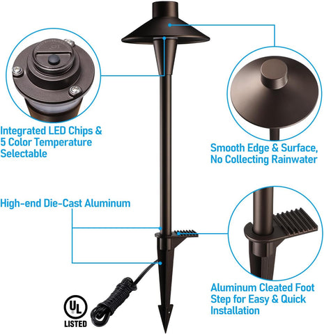LEONLITE 3CCT Low Voltage Pathway Lights, 12-24V LED Landscape Path Light, 3000K/4000K/5000K Selectable, CRI90, IP65 Waterproof Landscape Lighting, Aluminum Housing, Oil Rubbed Bronze, Pack of 6