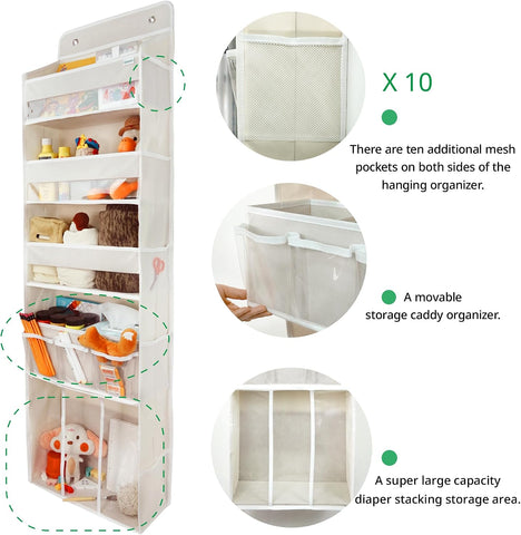 EZVERY Over the Door Baby Nappy Organiser, Beige Hanging Nursery Storage with 3 Bins, Removable Nappy Caddy and 10 Mesh Side Pockets
