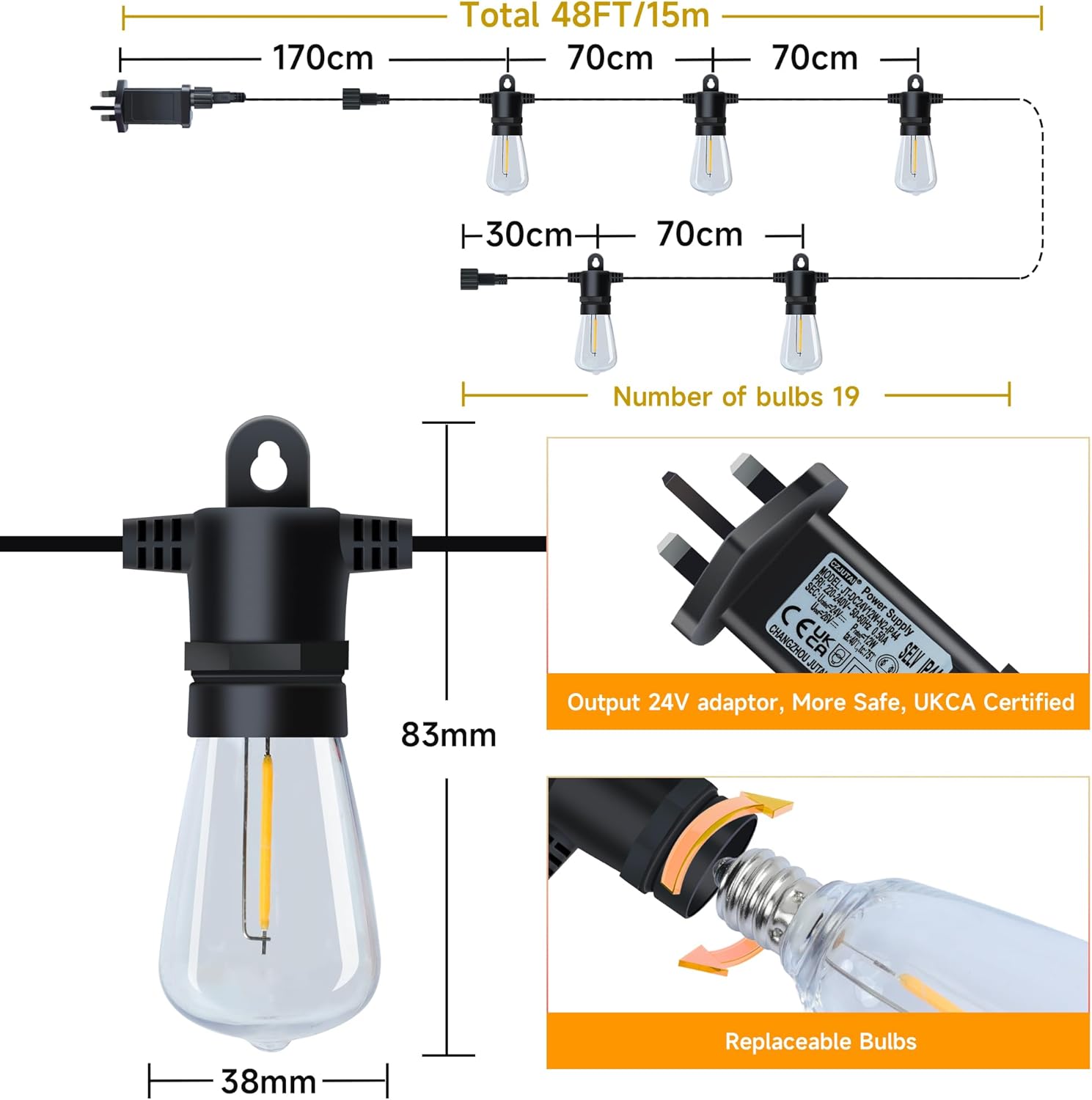 Festoon Lights Outdoor Garden: 48FT/15M ST38 LED String Lights Mains Powered with Timer Function, 19+1 Bulbs Connectable Decorative Warm White Lighting 2700K for Outside Patio Gazebo Porch 