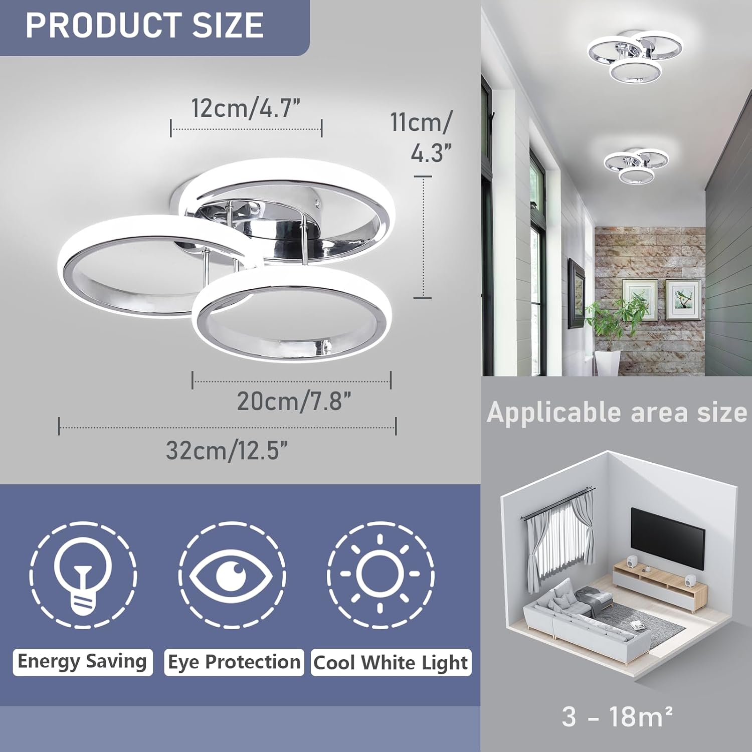 Ceiling light fixture with dimensions, energy saving, eye protection, and cool white light features, shown in a room setting.