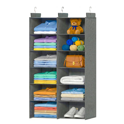 ALLTIDYUP 5-Tier Dual-Row Hanging Wardrobe Organiser, Grey – Foldable Storage Shelves for Clothes, Shoes & Bags