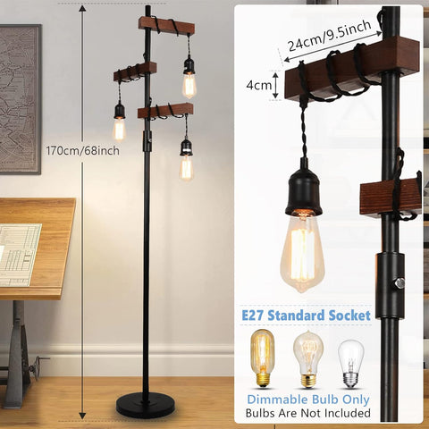 Floor lamp with multiple light bulbs and dimensions displayed on a white background