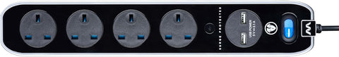 Masterplug Four Socket Switched Inline Power Surge Protected Extension Lead with Two USB Charging Ports, 2 Metres, Gloss Black