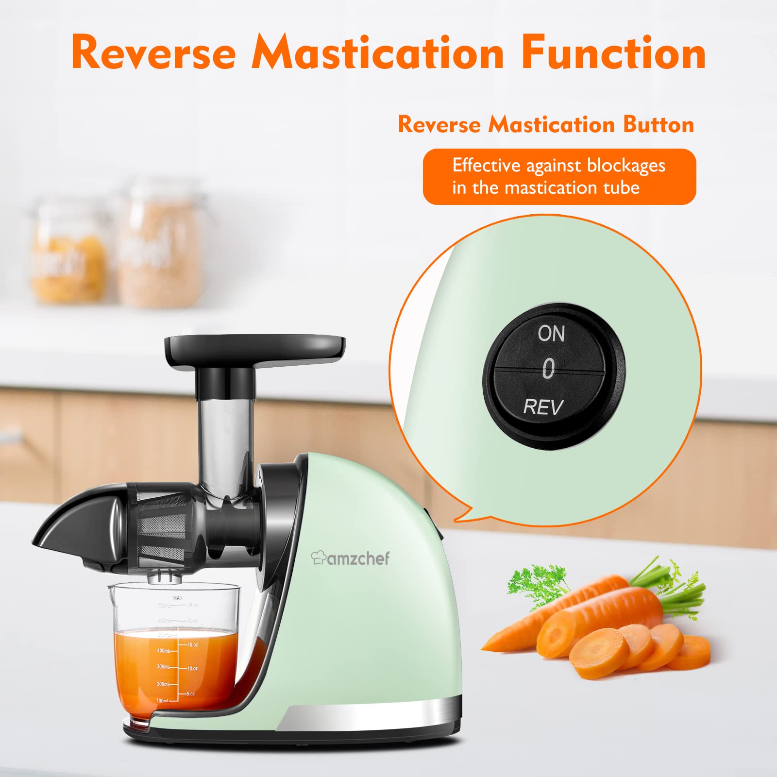 AMZCHEF Juicer Machines - Cold Press Slow Juicer - Masticating Juicer for Whole Fruits and Vegetables - Delicate Chew No Need to Filter - BPA Free Juice Extractor with 2 Cups and Brush - Black