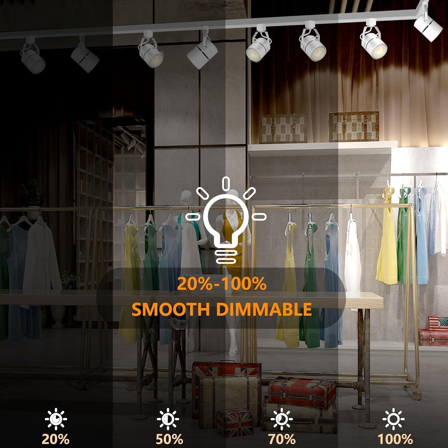 Clothing store interior with clothing racks and a light bulb icon indicating smooth dimmable feature.