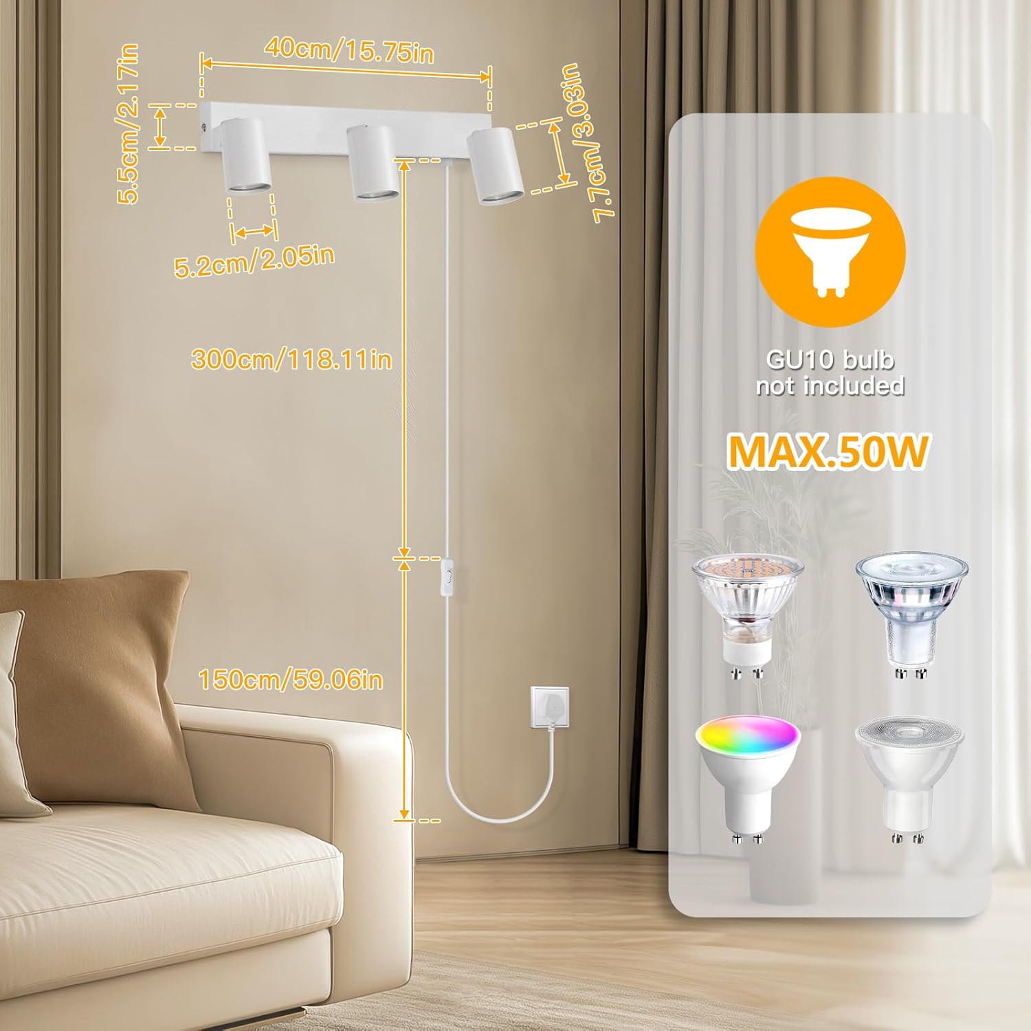 Smart light bulb set with dimensions and color options displayed in a living room setting.