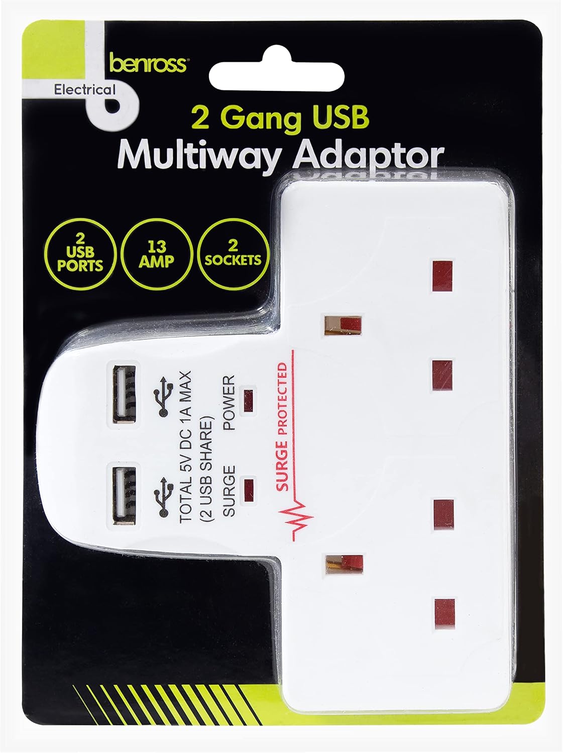 Benross 45600 2-Way Wall Adaptor with 2 USB Ports & Surge Protection – Make One Wall Socket Work Harder for Your Everyday Charging Needs
