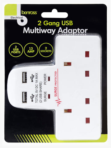 Benross 45600 2-Way Wall Adaptor with 2 USB Ports & Surge Protection – Make One Wall Socket Work Harder for Your Everyday Charging Needs