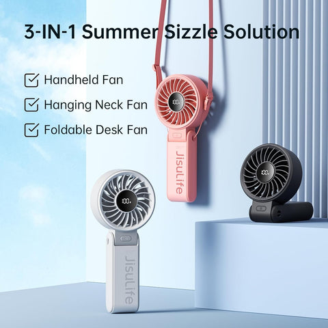 JISULIFE Handheld Fan Life7 – Ultimate Flexibility: High-Power Motor, LED Display, 5000mAh Rechargeable, 5-Speed, Foldable Design, 3-IN-1 Portable Hand/Desk/Neck Fan for Travel, Gift for Women (Black)