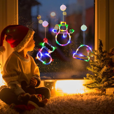 Christmas LED Window Lights Set, 3 Pack Multicolour Santa Hat, Snowman & Stocking with Suction Cups | Battery Operated Lights with Timer & Slow Fade Mode for Christmas Decoration
