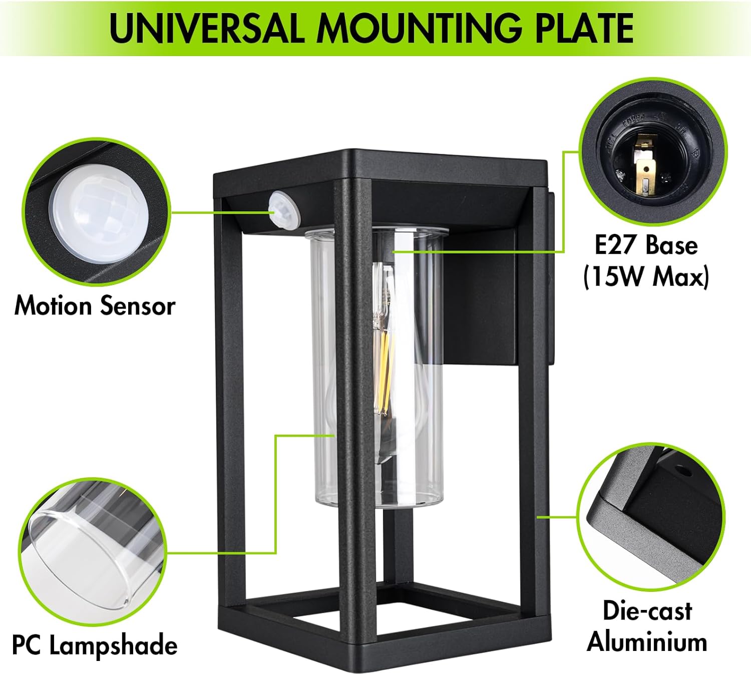 Black outdoor light fixture with labeled components on a white background