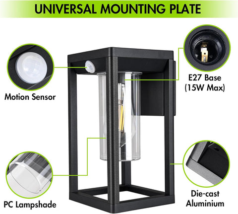 Black outdoor light fixture with labeled components on a white background