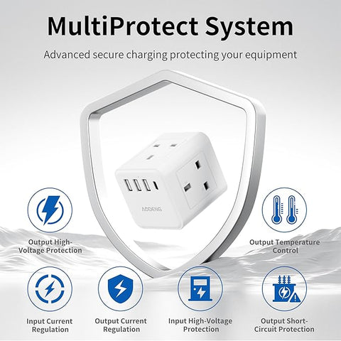 UK to European Plug Adapter with 1.5M Extension Lead – 4 Way Travel Extension with 4 USB Ports Type E/F Adaptor