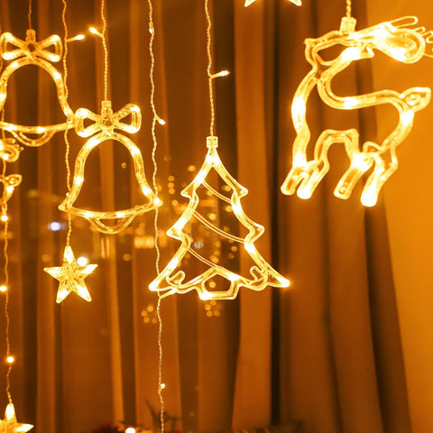 3.5m LED Christmas Curtain Lights – 120 Warm White Fairy LEDs with Hanging Stars, Reindeer, Bells & Trees - Turn Your Windows into a Little Christmas Wonderland