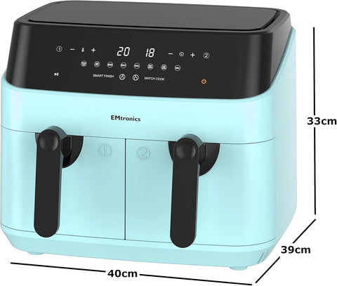 9L Dual Air Fryer XXL Family Size – 8 Presets, Oil-Free Healthy Cooking, Easy-Clean Metal Interior, 99-Min Timer – Aqua Blue