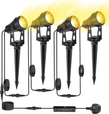 Garden Spotlights Mains, 14 M, 4-in-1 Outdoor LED Spotlight, Warm White, 3000 K, 12 V, IP65 Waterproof Garden Uplighter, Landscape Floodlight for Patio, Party, Outdoor, Trees, Lawn