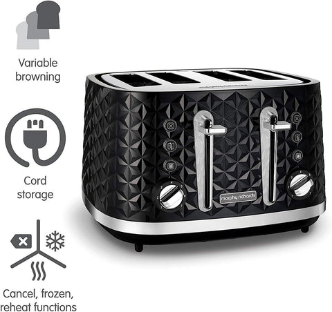 Richards Vector 4 Slice Toaster, High Gloss Geometric Design, Defrost and Reheat, Variable Width Slots, Removeable Crumb Tray, Black, 248131