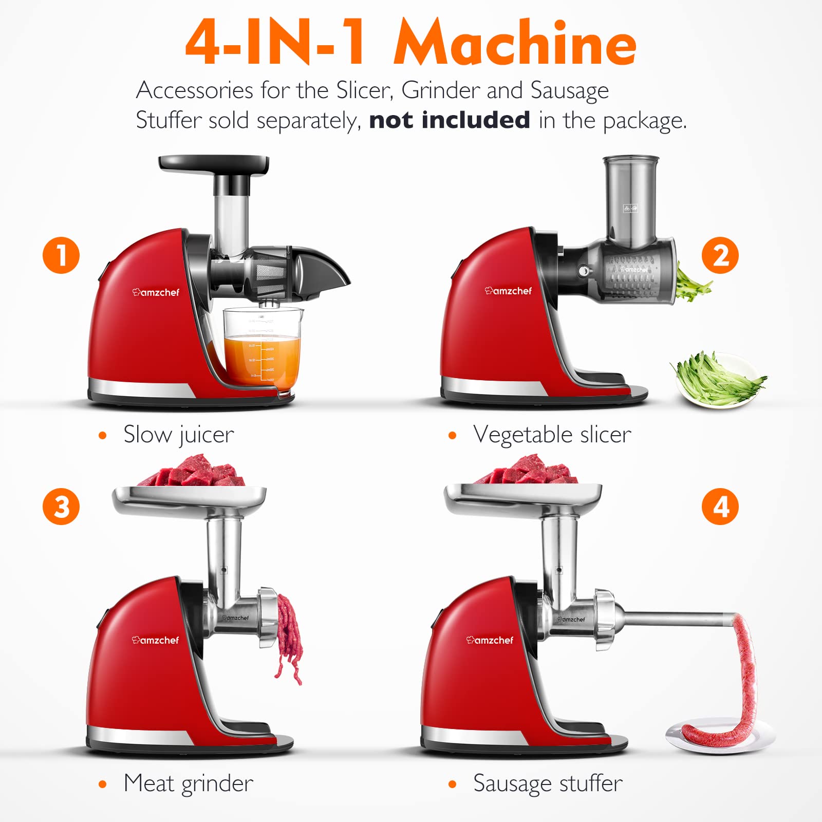 AMZCHEF Juicer Machines - Cold Press Slow Juicer - Masticating Juicer for Whole Fruits and Vegetables - Delicate Chew No Need to Filter - BPA Free Juice Extractor with 2 Cups and Brush - Black