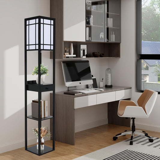 Floor Lamp for Living Room with Shelves, 3 Tier Storage Standing Lamp with USB Type C Port and 1 Drawer, Modern Reading Lamp for Bedroom Office Home