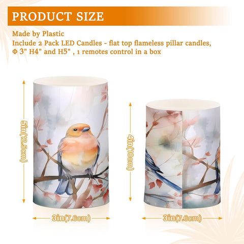 Autumn Birds Flameless LED Candles Set of 2, Flickering Battery Candles with Remote & Timer for Home Décor