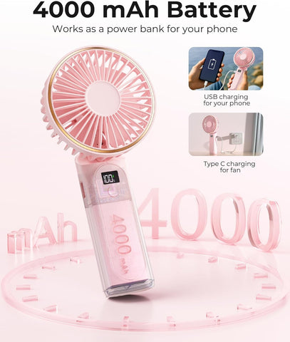 Handheld Portable Fan With 4000mAh, LED Display, 180° Adjustable Rechargeable, 6 Speed Power Bank for Home Office Bedroom Outdoor