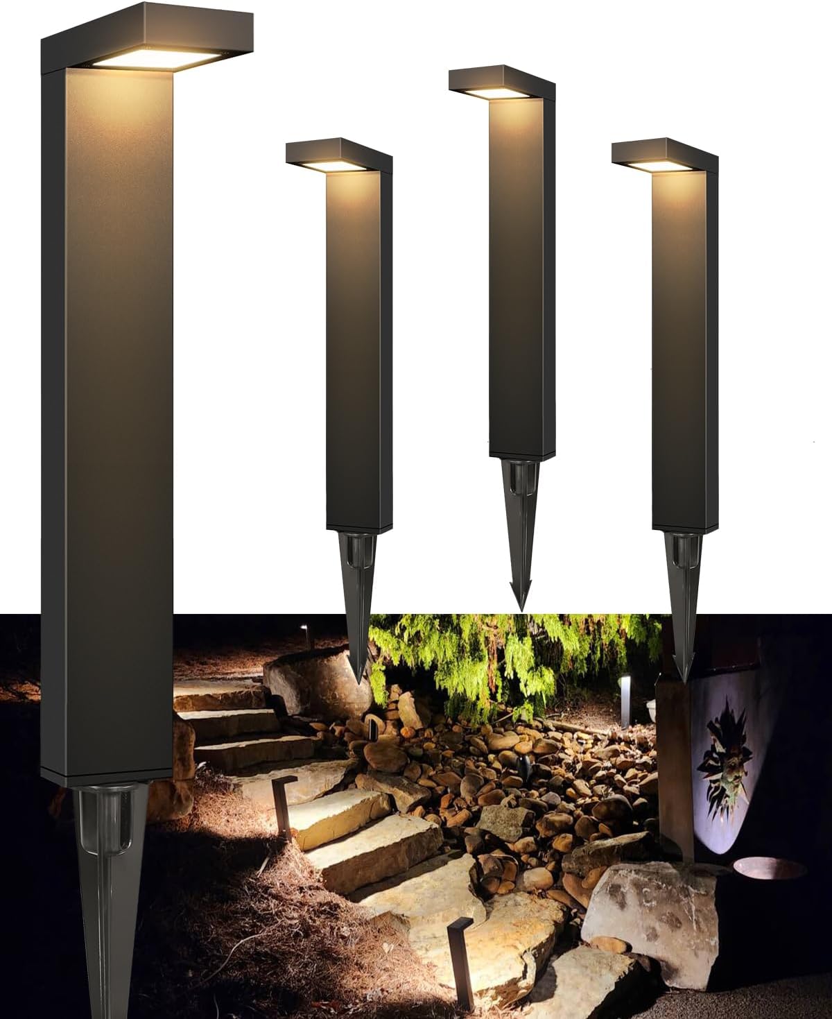 GKOLED 4-Pack LED Pathway Lights, Low Voltage Outdoor Waterproof, Black
