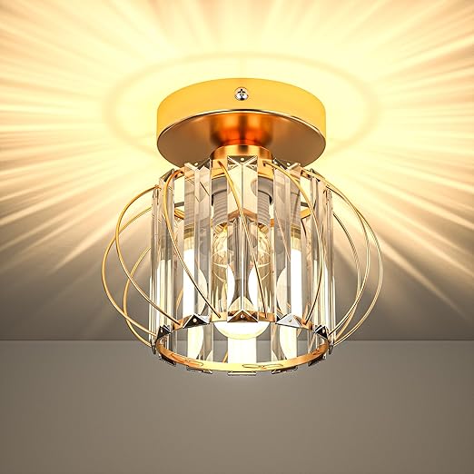 Gold Crystal Ceiling Light, E27 Semi-Flush Mount Ceiling Fixture, Modern Crystal Light Shade for Home, Chandelier Lighting for Living Room, Bedroom, Hallway, Office, Kitchen, and Bar